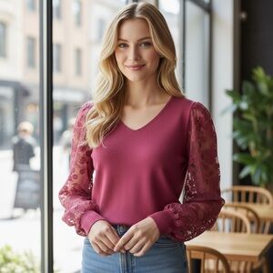 NWT SIONI V- Neck Lace Balloon Sleeve Pink Knit Sweater Womens Large